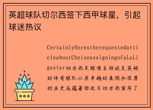 英超球队切尔西签下西甲球星，引起球迷热议