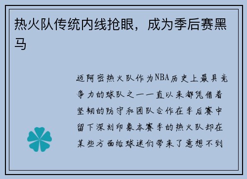 热火队传统内线抢眼，成为季后赛黑马